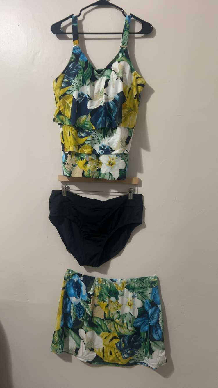 Susan Graver Women's Floral Tankini Swimsuit Set Size 14 Blue Green Yellow